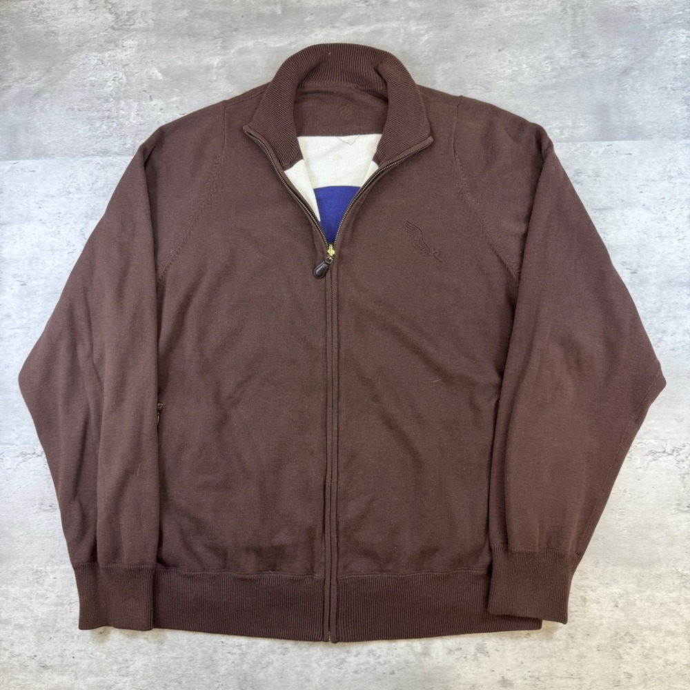 Rocawear Mens Brown Full Zip Mock Neck Knit Sweater Embroidered Logo XL